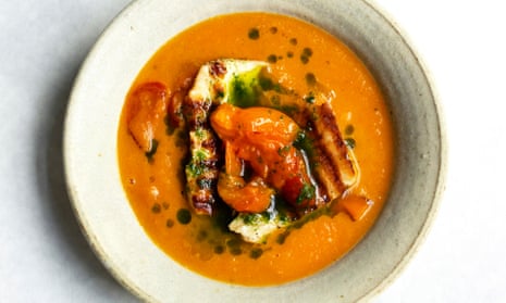‘I like to make a mint oil to trickle over the surface of the soup. It takes 2 minutes’: carrot, tomato and halloumi soup.