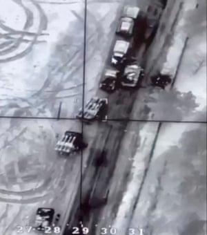Russia-Ukraine war latest news: US condemns Putin’s nuclear deterrence order; rouble crashes as markets open – live updates | World news 1 A view of what are said to be Russian Buk missile system vehicles on a road before a drone strike near Malyn, Zhytomyr Region, Ukraine.