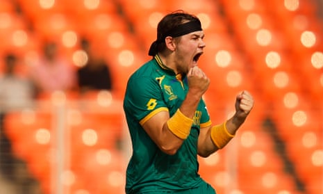 Gerald Cotezee of South Africa celebrates the wicket of Ibrahim Zadran of Afghanistan.