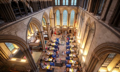 Cubicles are seen inside Salisbury Cathedral, Wiltshire, for people to receive an injection of the Pfizer coronavirus vaccine.