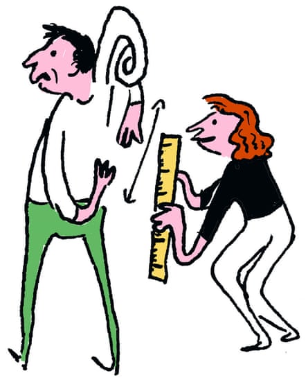 Illustration of a man trying to clasp his hands across his back and a woman with a ruler to measure the gap between them