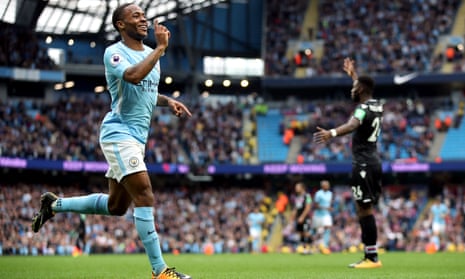 Raheem Sterling celebrates scoring Man City’s second goal against Crystal Palace.