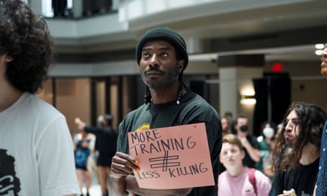 People protest against ‘Cop City’ at city hall in Atlanta, Georgia, on 15 May. 