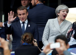 French President Emmanuel Macron and Britain’s Prime Minister Theresa May in the stands before the match