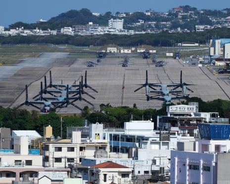 U.S. MV-22 Osprey aircraft parked at Marine Corps Air Station Futenma, Okinawa, Japan