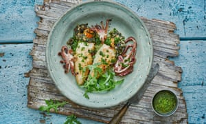 Roast squid stuffed with mussels, lemon and spinach.