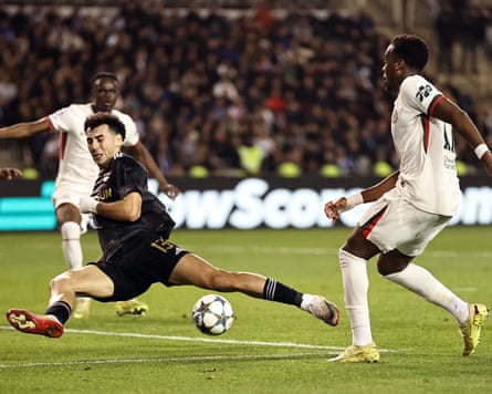 Qarabag’s Bahlul Mustafazada challenges Chelsea’s Jamie Gittens (right) during the 2-2 draw in November.