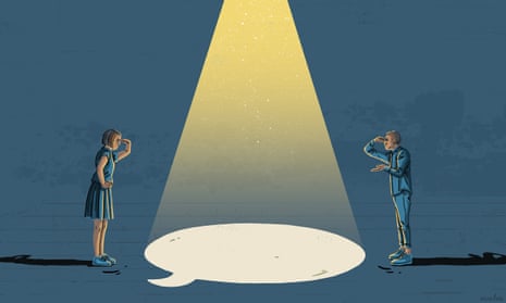 An illustration of two people, a man and a woman, both dressed in blue, peering across a beam of light, shaped as a speech bubble, at one another