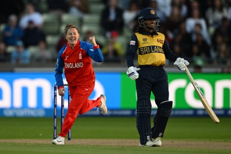 Linsey Smith of England celebrates the wicket of Imesha Dulani of Sri Lanka.