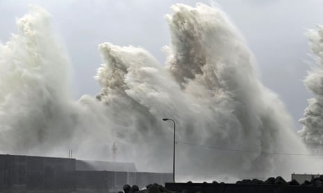 High waves triggered by Typhoon Nanmadol are seen at a fishing port in Aki, Kochi Prefecture, western Japan
