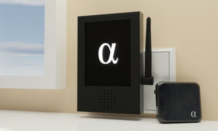 A black box plugged into a wall with the Greek letter alpha on it