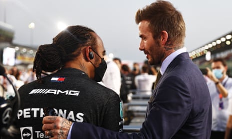 Lewis Hamilton and David Beckham on the grid before the F1 Grand Prix of Qatar.
