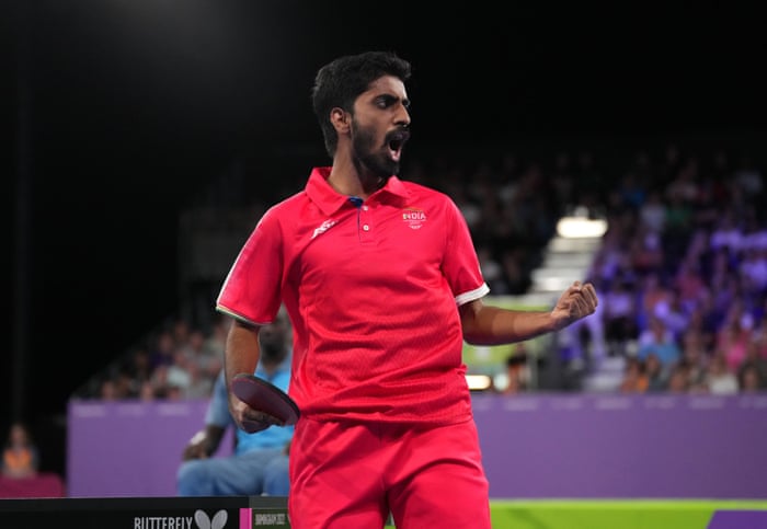 India’s Sathiyan Gnanasekaran celebrates in the men’s singles bronze medal match.