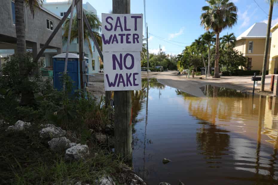 Uma placa diz 'Salt Water No Wake' enquanto a água do mar inunda uma rua em Key Largo em outubro de 2019.