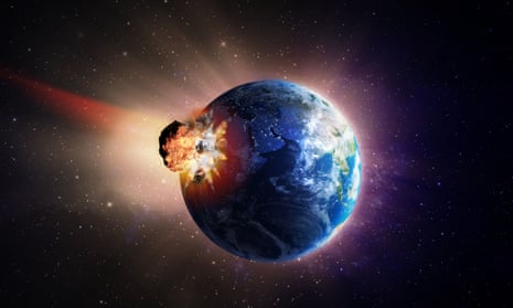Artist’s impression of a large asteroid hitting Earth.