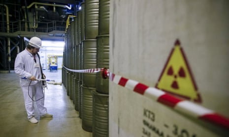 An employee measures the radiation level at a plant for processing liquid radioactive waste in Ukraine. The South Australian government sees a role for the state in taking nuclear waste from other countries, but the public remains unenthusiastic.