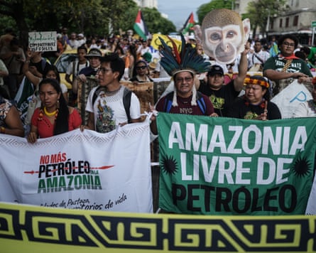 Crowd of mainly Indigenous people with placards and a mask of a monkey