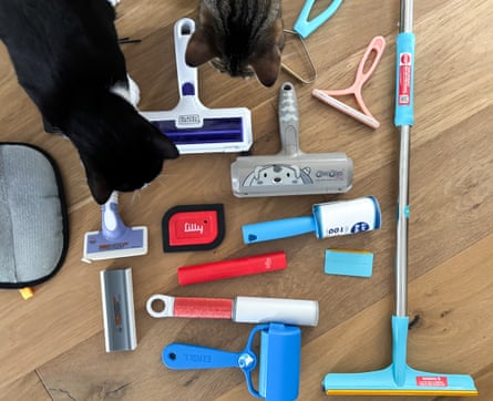 two cats standing by different pet hair removal tools