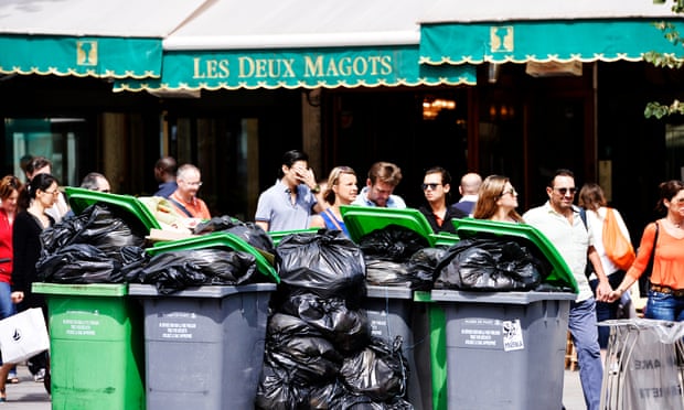 Rubbish piled up outside Les Deux Magots, one of Paris’s famous left-bank cafes.