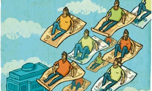 People riding on British pound banknotes in sky above city.