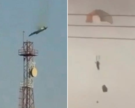 Composite images of a burning aircraft falls from the sky in Al Jahra, Kuwait, and a person parachuting to safety.