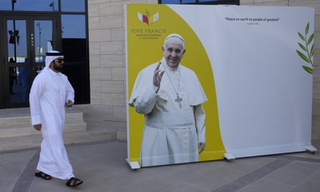 Pope Francis poster outside a cathedral in Manama, Bahrain