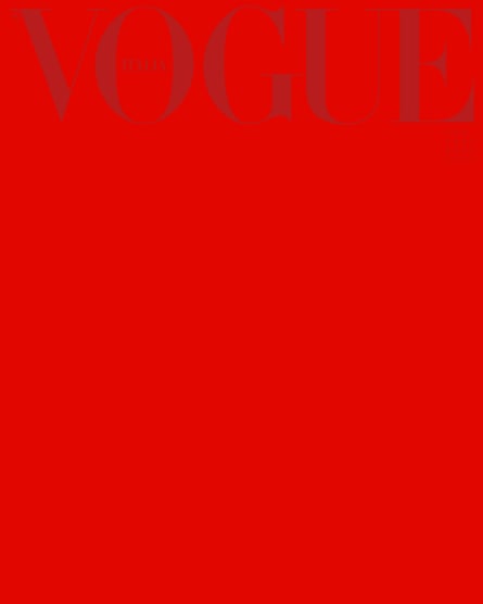 A totally red front cover, with Vogue masthead in faded lettering