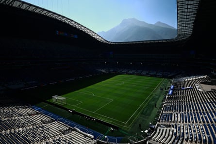 A view of the empty Estadio BBVA with the Cerro de la Silla mountain peak in the background.