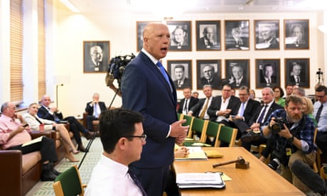 Peter Dutton is standing up addressing Coalition members and senators during a Coalition partyroom meeting at Parliament House. David Littleproud is sitting next to him and other members of the Coalition are sitting in chairs on the other side of a table to him