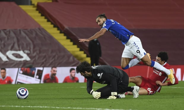 Liverpool’s Trent Alexander-Arnold concedes a late penalty after tangling with Everton’s Dominic Calvert-Lewin