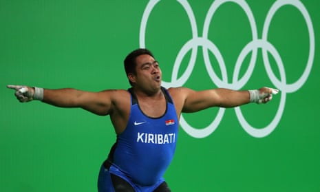 David Katoatau of Kiribati dances during the Men’s 105kg Group B Weightlifting event in Rio.
