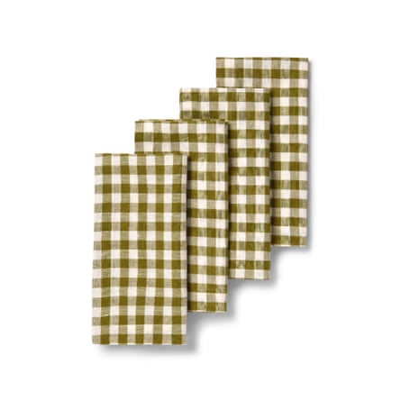 Set of four Piglet in Bed botanical green gingham linen blend napkins