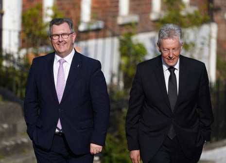 Sir Jeffery Donaldson (left), the DUP leader, and Peter Robinson, one of his predecessors and a former first minister, arriving at Hillsborough Castle for the gala dinner to mark the 25th anniversary of the Good Friday agreement.