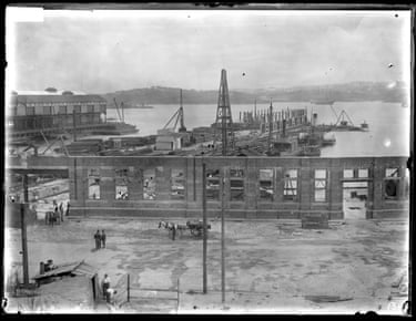 An old photograph of a wharf under construction