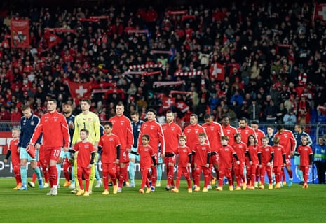 Granit Xhaka leads his team out ahead of Switzerland’s friendly against Germany in March.