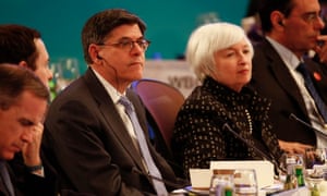 US Treasury secretary Jacob Lew and Federal Reserve chair Janet Yellen at the G20 finance ministers meeting on Friday. The IMF has urged the G20 to take ‘bold action’ on the global economy.