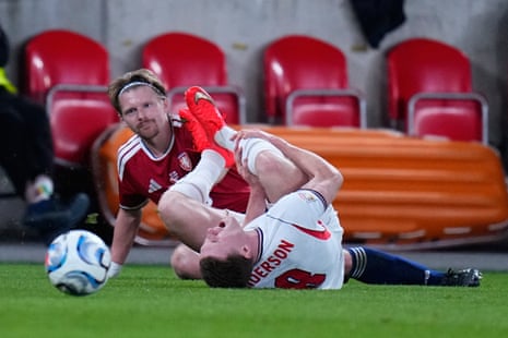England's Elliot Anderson reacts after a foul by Czechia's Pavel Sulc.