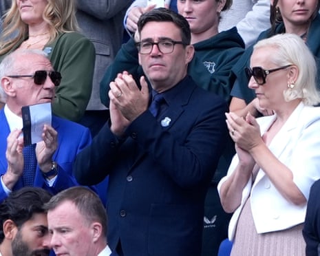 Andy Burnham in the stands at Everton with his wife Marie-France van Heel