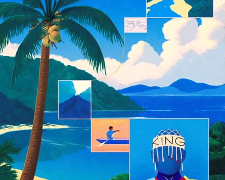 Illustration showing South Pacific island scene with a portrait of Noah Musingku in front.