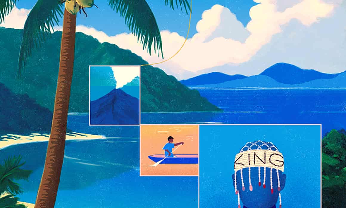 Illustration of sea, islands, palm trees and a person with a 'king' headband