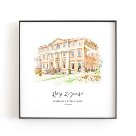 A framed colour sketch of a wedding venue