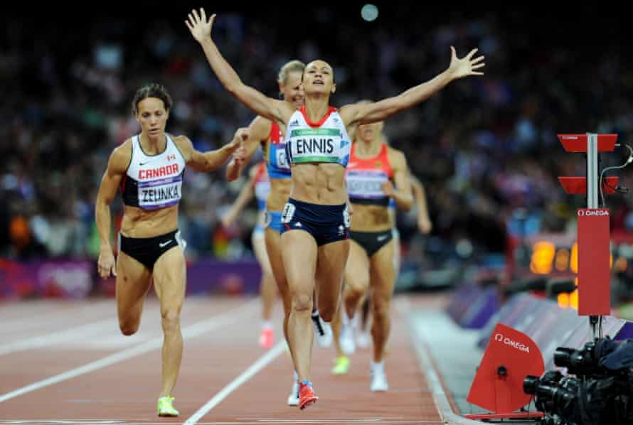 At the London 2012 Olympic Games, Jessica Ennis wins gold for Britain in the women’s heptathlon and celebrates after crossing the line in the final event, the 800 metres. 4 August.