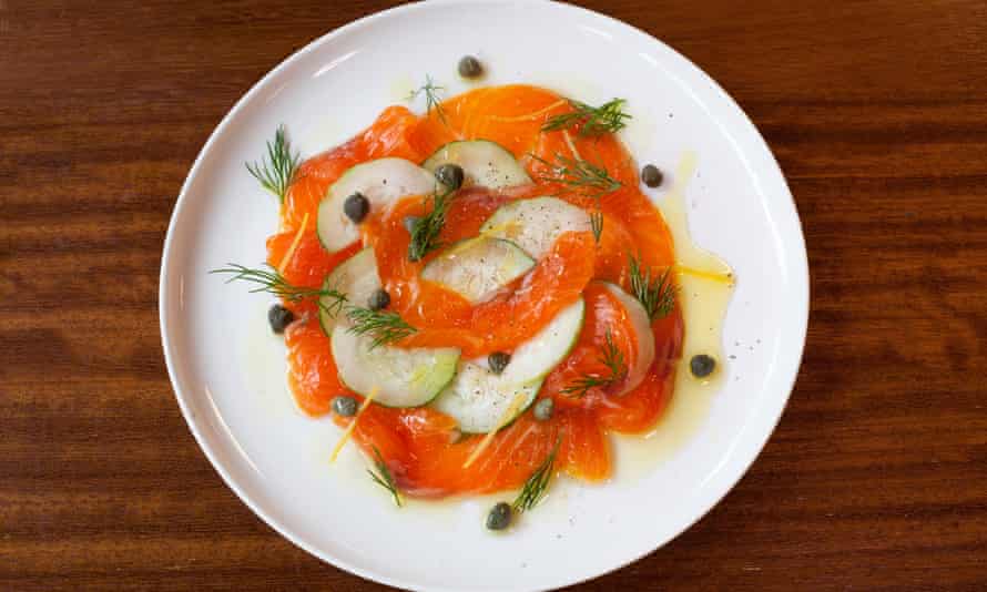 ‘Ribbons the colour of orange sherbert’: trout crudo with cucumbers.