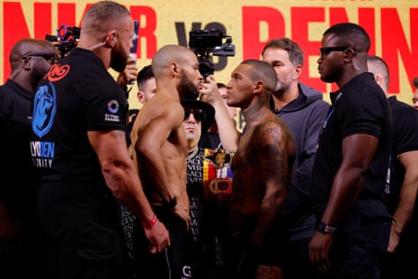 Chris Eubank Jr, left, and Conor Benn look disconnected astatine Friday’s weigh-in astatine York Hall successful London.