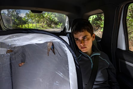 A man sits next to a netted container holding butterflies in the back of a car