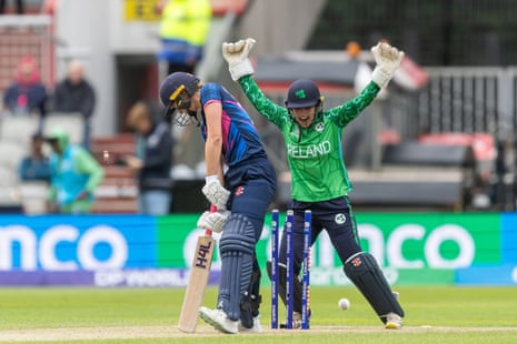 Scotland's Darcey Carter is clean bowled by Aimee Maguire.
