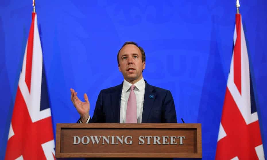 Health secretary Matt Hancock at a Downing Street coronavirus press briefing on Wednesday