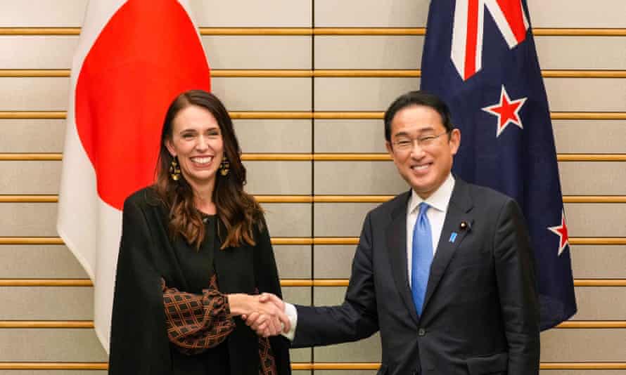 New Zealand’s prime minister Jacinda Ardern meets with her Japanese counterpart Fumio Kishida during a visit to Japan in Tokyo.
