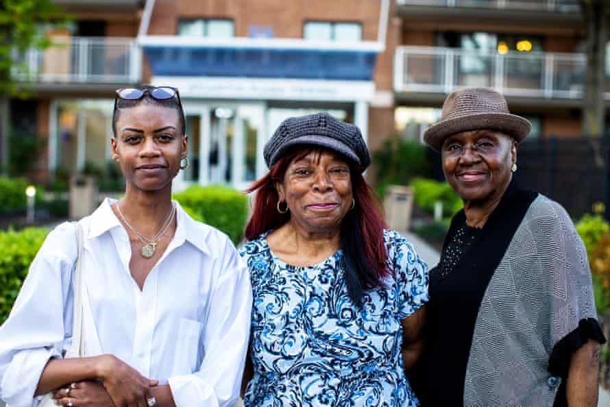 Residents Tranae Moran, Icemae Downes, and Pat Winston oppose the use of facial recognition cameras at the Atlantic Plaza Towers complex in Brooklyn, New York.