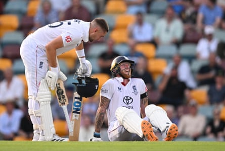 England batsman Will Jacks checks on captain Ben Stokes after he was hit in the groin